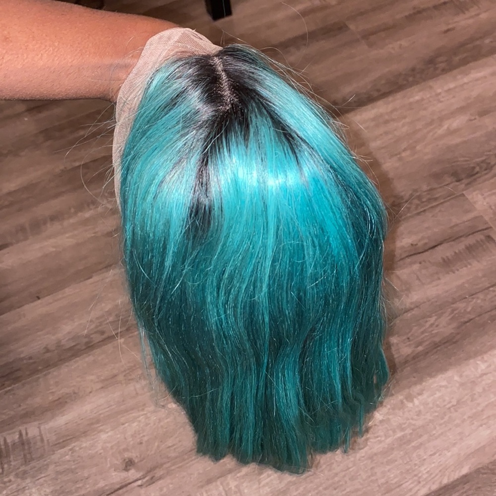 NWT 180% Density Human Hair Teal Blue Lace Front Wig With Black Roots - Picture 5 of 6